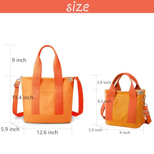 MINGRI Large Canvas Tote Bag, Orange, Waterproof, Zipper, 6 Pockets, Women's Tote Bag with Compartments, Crossbody Shoulder Bag for Work or Travel - Image 2