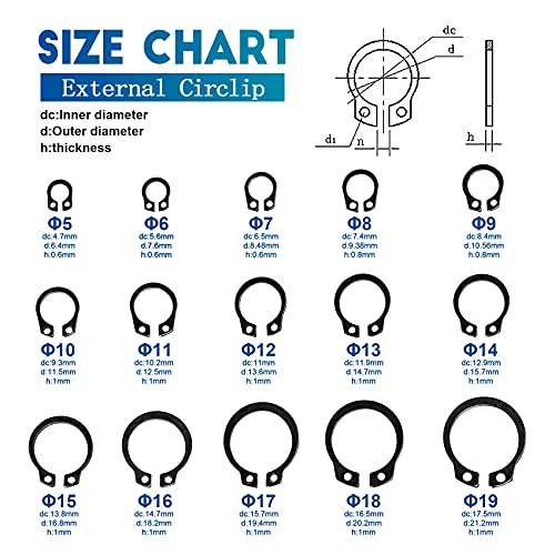 NINDEJIN External Retaining Rings Snap Rings Assortment Kit, Circlip Circlip Retainer Rings Set (C-Clip Carbon Steel) - Image 2