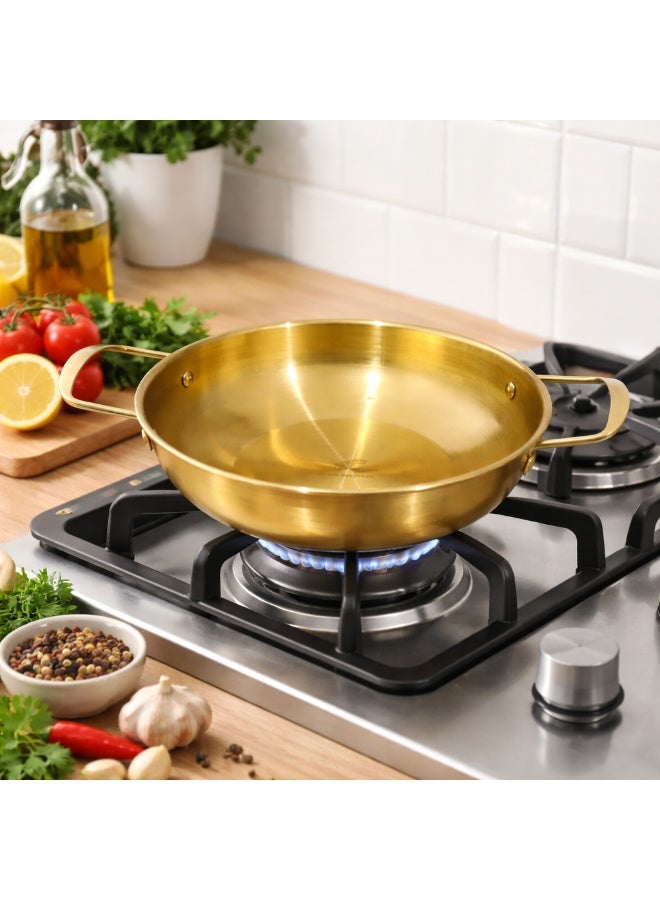 Premium Flat Metal Food Serving Bowl / Cooking Kadai Pan with Double Handles - Gold - Image 3