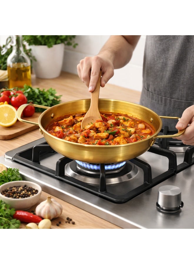 Premium Flat Metal Food Serving Bowl / Cooking Kadai Pan with Double Handles - Gold - Image 2