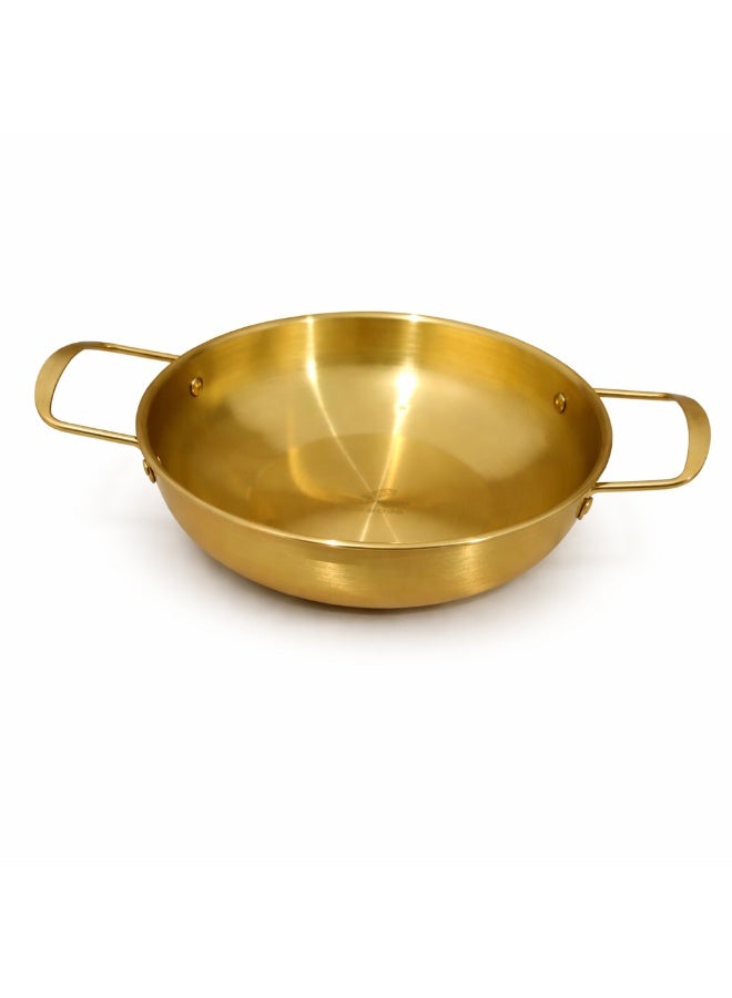 Premium Flat Metal Food Serving Bowl / Cooking Kadai Pan with Double Handles - Gold - Image 1