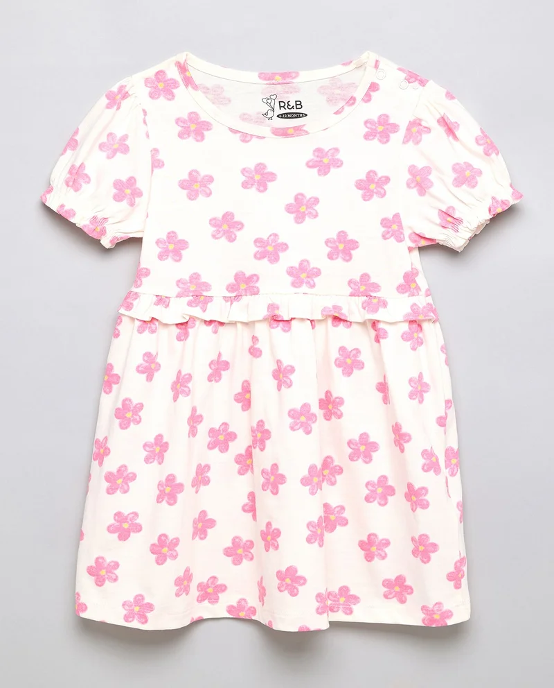 R&B Floral Print A-Line Dress with Crew Neck and Puff Sleeves