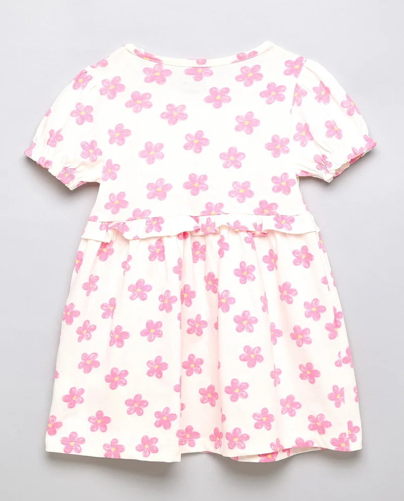 R&B Floral Print A-Line Dress with Crew Neck and Puff Sleeves