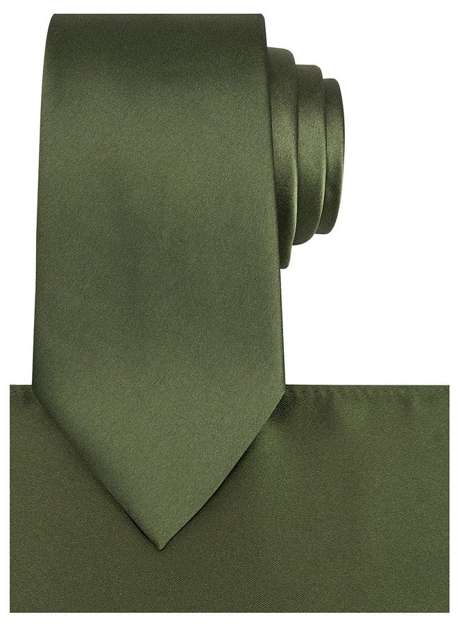 KissTies Dark Olive Green Satin Tie Set Solid Ties Mens Necktie + Pocket Square - Image 1