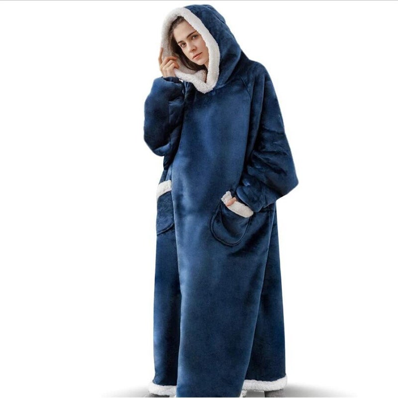 Christmas Hoodie Winter Warm Long Lazy Clothes Big Red Elk Print Blanket D21-navy blue
