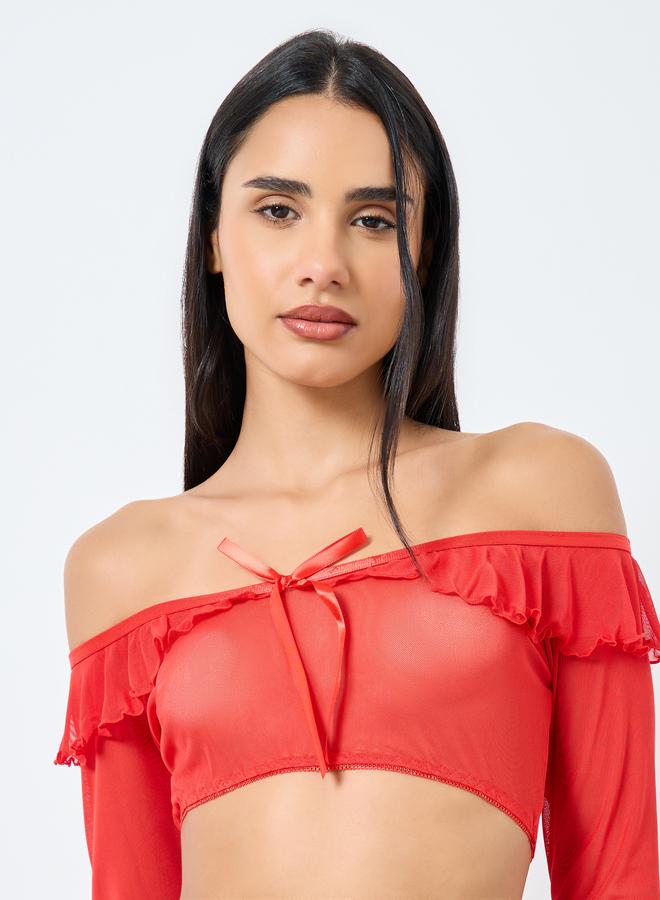 Styli Off Shoulder Ruffled Top and Thigh Slit Skirt with Thong Set - Image 2
