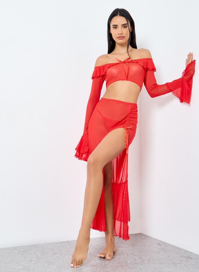 Styli Off Shoulder Ruffled Top and Thigh Slit Skirt with Thong Set - Image 1