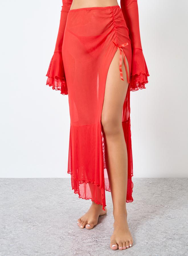 Styli Off Shoulder Ruffled Top and Thigh Slit Skirt with Thong Set - Image 4