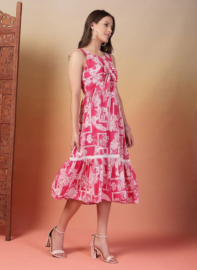 Indibelle Pink Floral Print Fit & Flare Midi Dress with Sweetheart Neck - Image 3