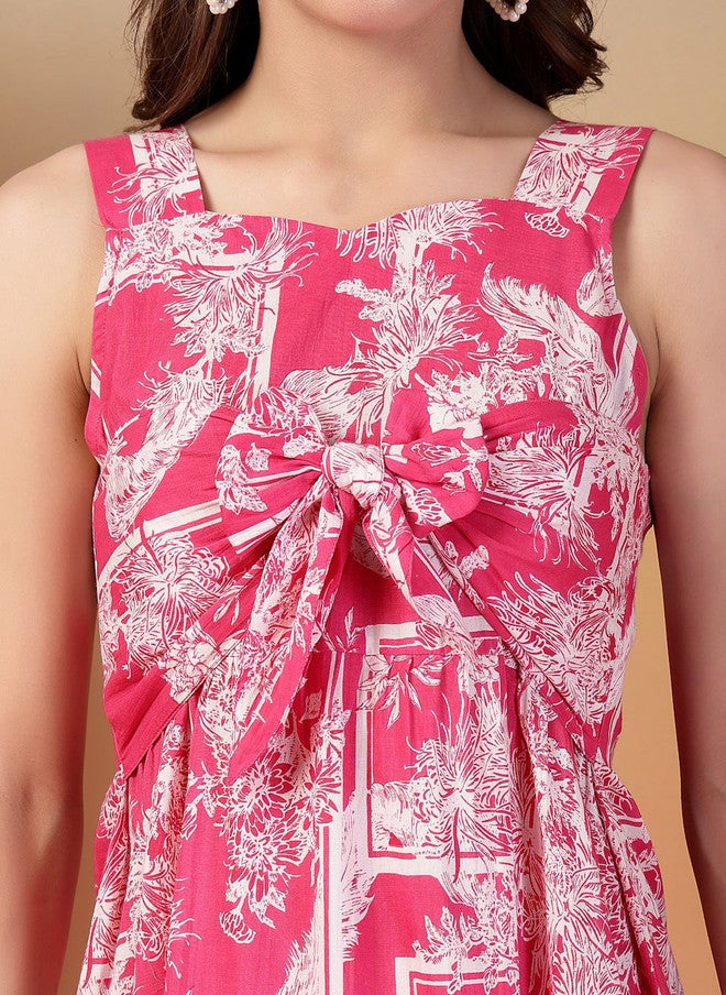 Indibelle Pink Floral Print Fit & Flare Midi Dress with Sweetheart Neck - Image 2