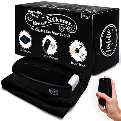 Loddie Doddie 2-in-1 Magnetic Whiteboard Eraser & Dry Erase Board Cleaner Spray - Black Ergonomic Design & Magnetic Microfiber Cloth - Non-Toxic Low-Odor Formula - Use with Dry Erase Markers - Image 1
