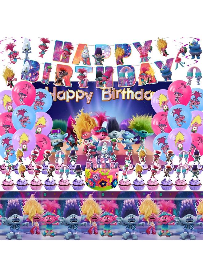 Bluejw Trolls Birthday Party Supplies, Party Decorations Set Include Banner, Backdrop, Balloons, Hanging Swirls, Cake Cupcake Toppers, Tablecloth for Boys Girls Trolls Theme Party - Image 1
