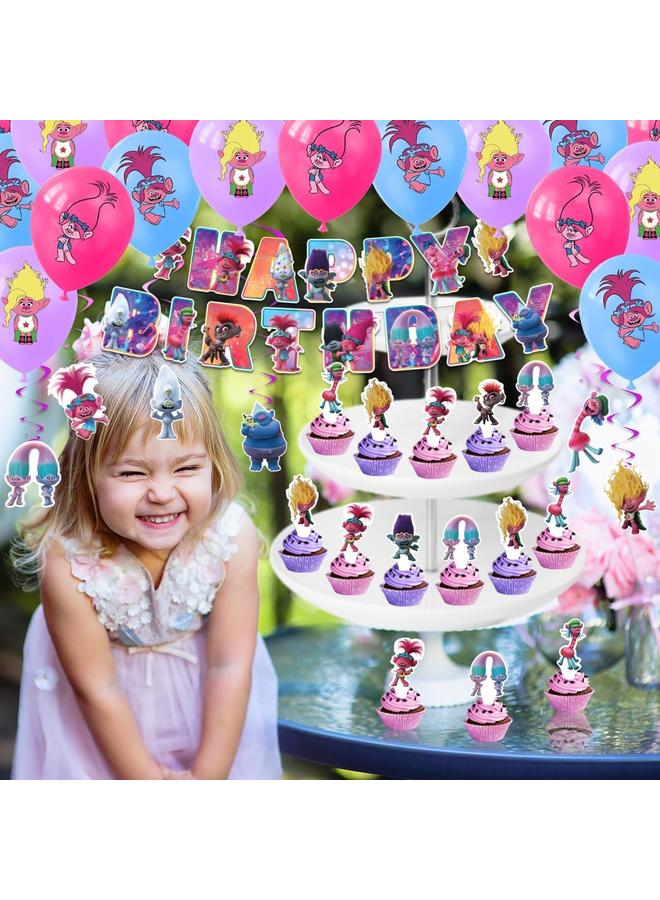 Bluejw Trolls Birthday Party Supplies, Party Decorations Set Include Banner, Backdrop, Balloons, Hanging Swirls, Cake Cupcake Toppers, Tablecloth for Boys Girls Trolls Theme Party - Image 4