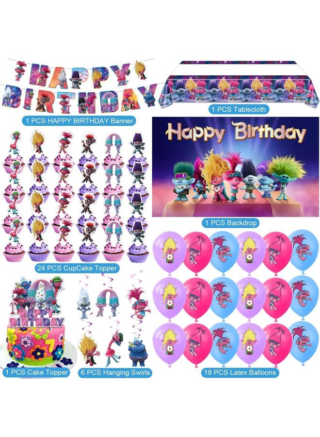Bluejw Trolls Birthday Party Supplies, Party Decorations Set Include Banner, Backdrop, Balloons, Hanging Swirls, Cake Cupcake Toppers, Tablecloth for Boys Girls Trolls Theme Party - Image 2