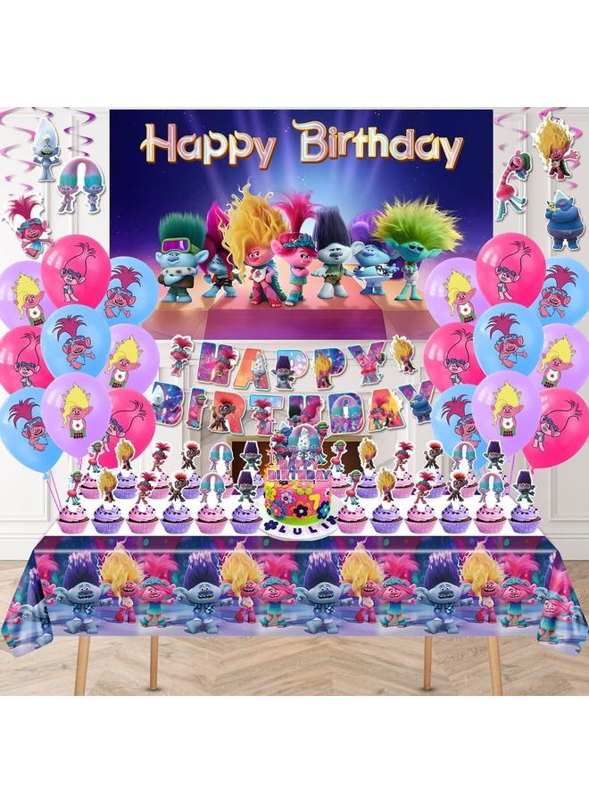 Bluejw Trolls Birthday Party Supplies, Party Decorations Set Include Banner, Backdrop, Balloons, Hanging Swirls, Cake Cupcake Toppers, Tablecloth for Boys Girls Trolls Theme Party - Image 5