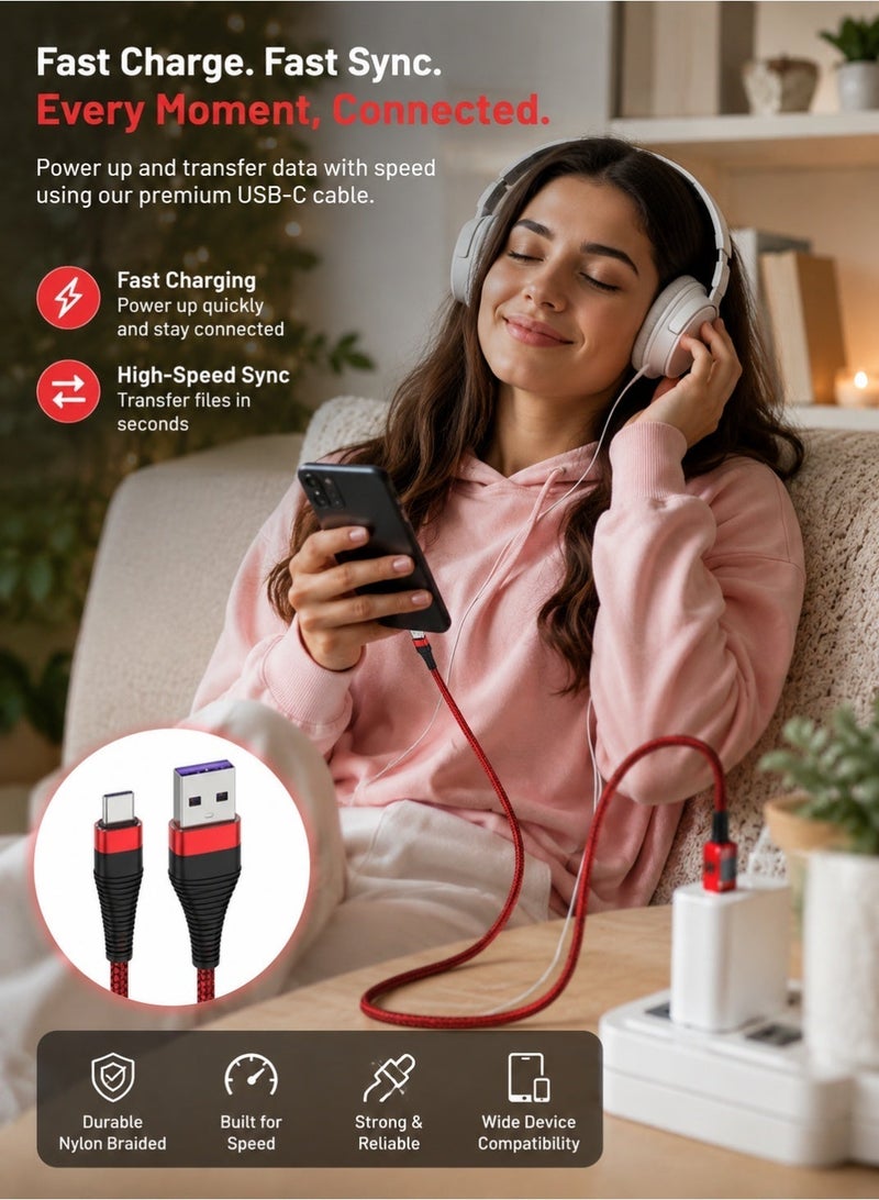 سمارت لينك كيبل USB-A إلى USB-C للشحن السريع ونقل البيانات، 1.2 متر، أحمر، مجدول نايلون متين، متوافق مع PD - Image 5