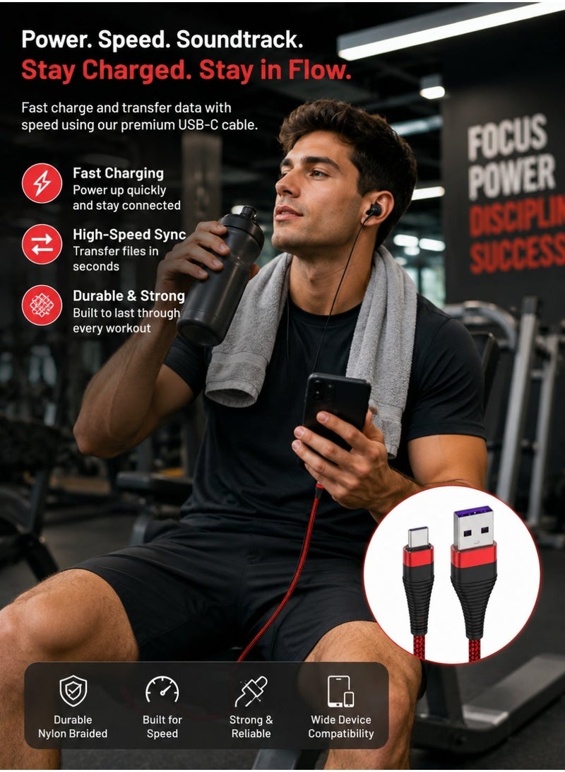 سمارت لينك كيبل USB-A إلى USB-C للشحن السريع ونقل البيانات، 1.2 متر، أحمر، مجدول نايلون متين، متوافق مع PD - Image 3