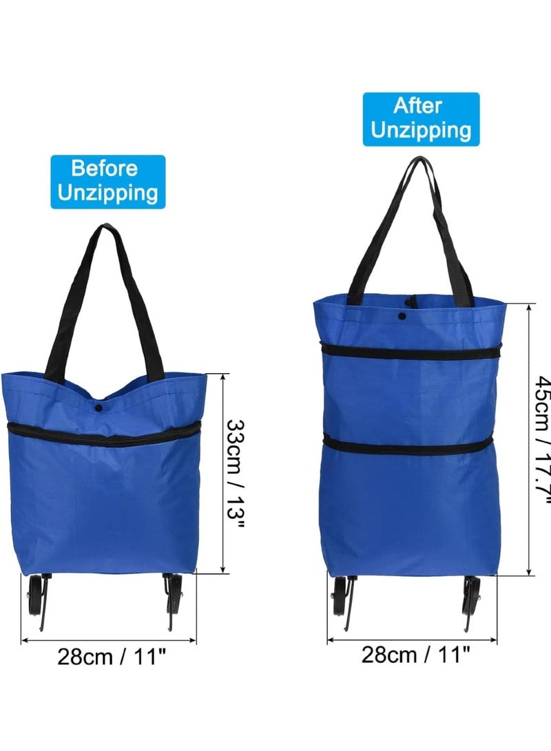 CHU DAI Foldable Shopping Cart with Wheels:Portable Shopping Bag with Wheels,Grocery Cart on Wheels Foldable,Collapsible Storaging Vegetable Fruit,Reusable Rolling Grocery(Blue)  - Image 3