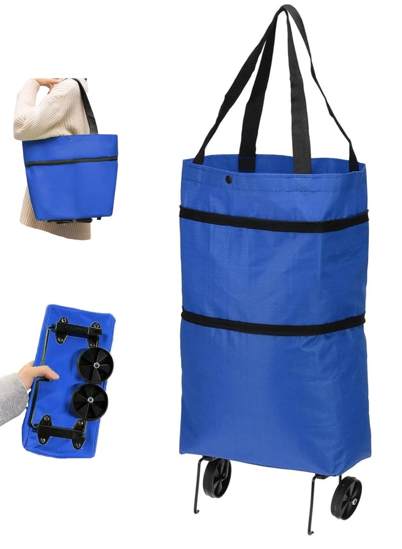 CHU DAI Foldable Shopping Cart with Wheels:Portable Shopping Bag with Wheels,Grocery Cart on Wheels Foldable,Collapsible Storaging Vegetable Fruit,Reusable Rolling Grocery(Blue)  - Image 1