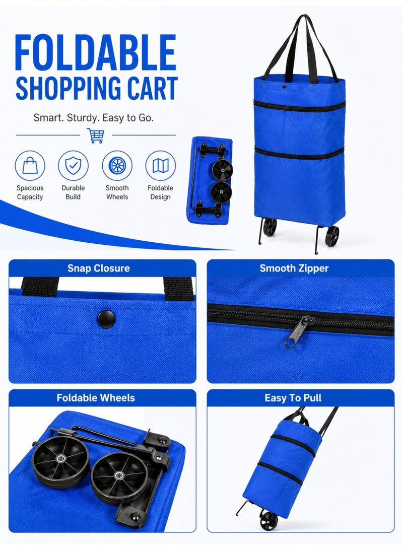 CHU DAI Foldable wheeled shopping cart, portable shopping bag, foldable storage basket for storing vegetables and fruits, reusable rolling grocery cart (blue) - Image 3