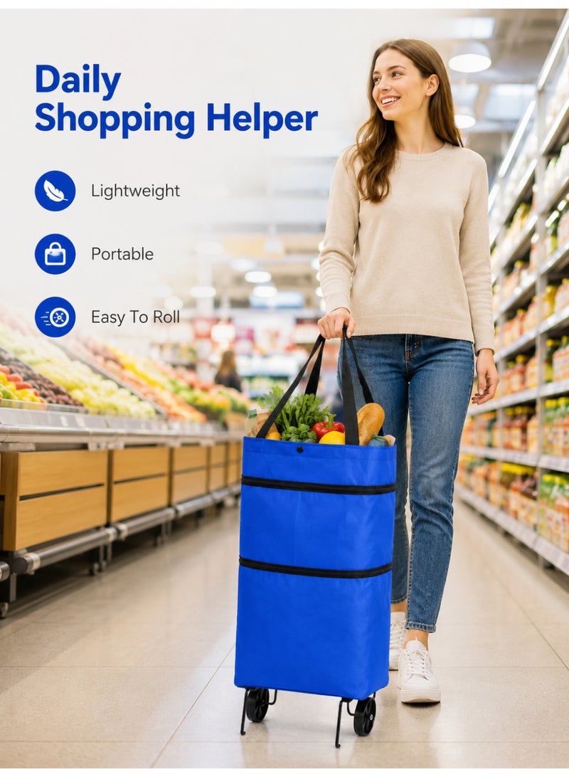 CHU DAI Foldable wheeled shopping cart, portable shopping bag, foldable storage basket for storing vegetables and fruits, reusable rolling grocery cart (blue) - Image 5