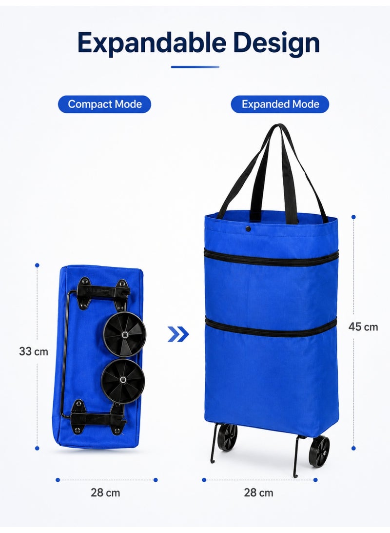 CHU DAI Foldable wheeled shopping cart, portable shopping bag, foldable storage basket for storing vegetables and fruits, reusable rolling grocery cart (blue) - Image 2