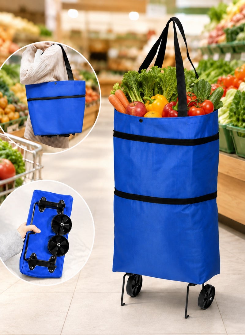 CHU DAI Foldable wheeled shopping cart, portable shopping bag, foldable storage basket for storing vegetables and fruits, reusable rolling grocery cart (blue) - Image 1