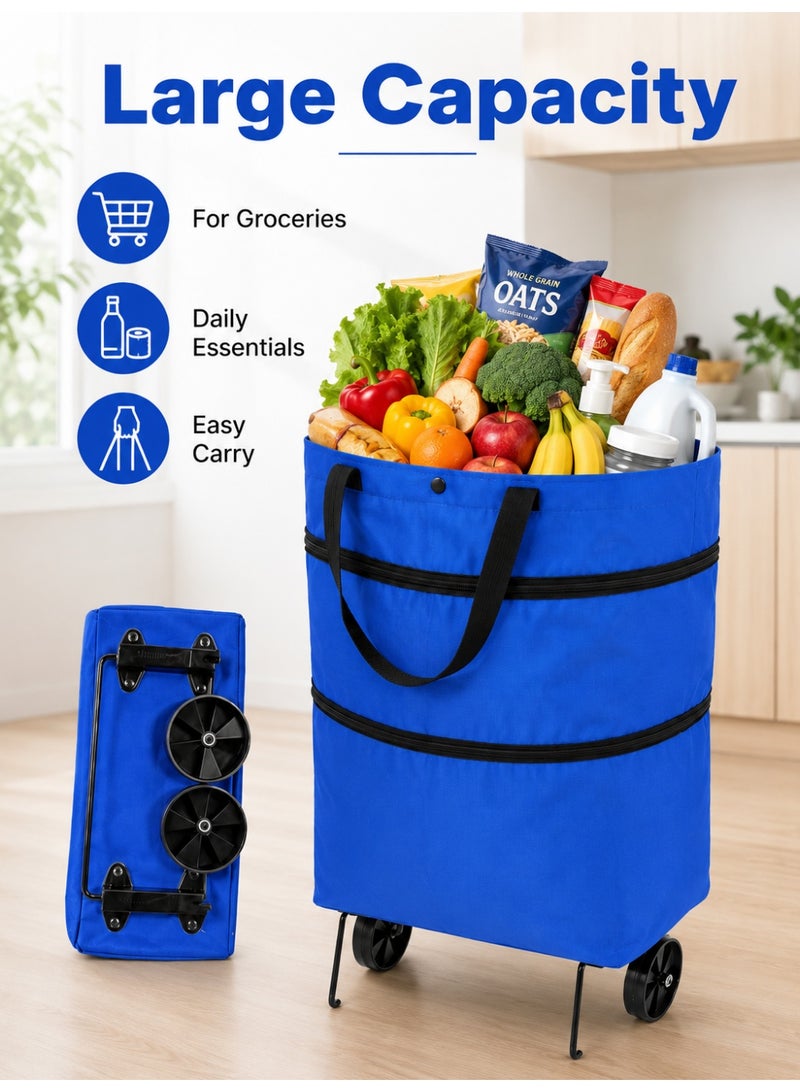 CHU DAI Foldable wheeled shopping cart, portable shopping bag, foldable storage basket for storing vegetables and fruits, reusable rolling grocery cart (blue) - Image 4
