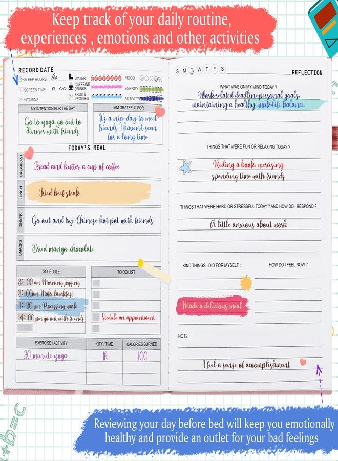 Dunzoom Pink Mental Health Journal with Retractable Pen 91 Days Self Care Journal for Women A5 Size Anxiety Guided Notebook Daily Wellness Mood Tracker Self Care Planner - Image 3