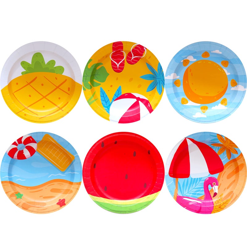 Summer Paper Plates 60Count Small Disposable Colorful Cute Party Plates in 6 Assorted Theme Designs Party Supplies for Birthday Dessert Beach or Pool Party 8 x 8 Summer