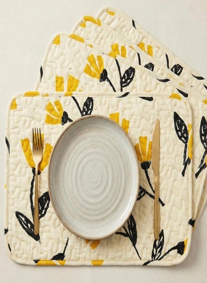 DaDa Bedding Botanical Floral Dining Table Placemats - Set of 4-Pieces Quilted Ivory with Yellow Fleur Golden Orange Fall Decor Time Tulips - 13 x 19 - Image 1