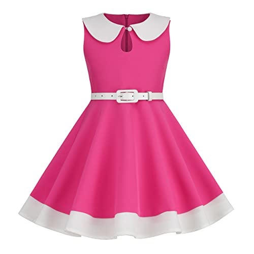 IWEMEK 50s Dresses for Girls Kids Doll Collar Dress 50s Vintage Retro Dress Keyhole Casual Contrast Peter Pan Collar ALine Skater Belted Dress Patchwork Prom Rockabilly Swing Dress CuteHot Pink 910 Years - Image 1