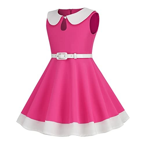 IWEMEK 50s Dresses for Girls Kids Doll Collar Dress 50s Vintage Retro Dress Keyhole Casual Contrast Peter Pan Collar ALine Skater Belted Dress Patchwork Prom Rockabilly Swing Dress CuteHot Pink 910 Years - Image 3