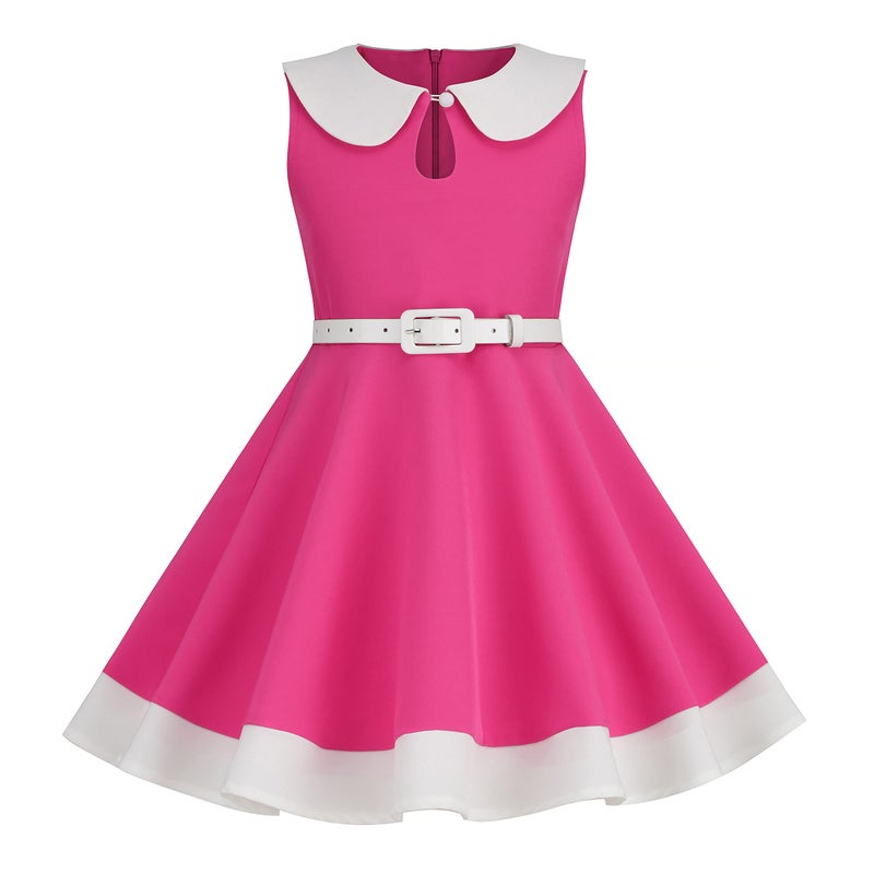 IWEMEK 50s Dresses for Girls Kids Doll Collar Dress 50s Vintage Retro Dress Keyhole Casual Contrast Peter Pan Collar ALine Skater Belted Dress Patchwork Prom Rockabilly Swing Dress CuteHot Pink 910 Years - Image 2