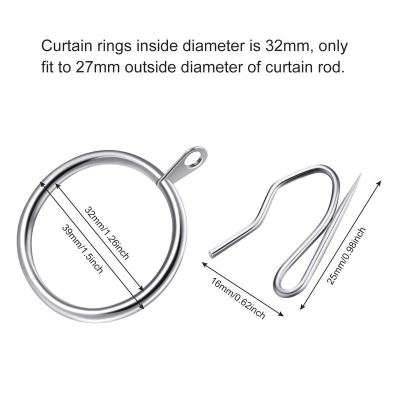 Hotop 30 Pieces Metal Drapery Curtain Rings Hanging Rings and 30 Pieces Metal Curtain Drapery Pin Hooks for Window Door Shower(32 mm,Silver) - Image 2