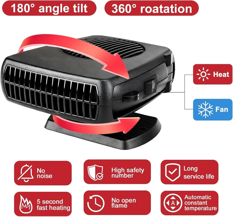 KINOWJI 12V Car Heater, Portable Car Heater 200W 2 in 1 Portable Car Windshield Defogger Car Defrost Defogger That Plugs Into Cigarette Lighter（Black） - Image 4