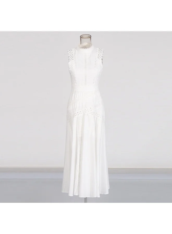 Madam Uniq Elegant White Lace - Embroidered Gown, Sleeveless & Hollow - Out Details, Runway - Style Dress