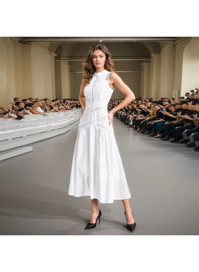 Madam Uniq Elegant Long Sleeveless Dress with Stand Collar, Lace Hollow Design and Ruffled Hem