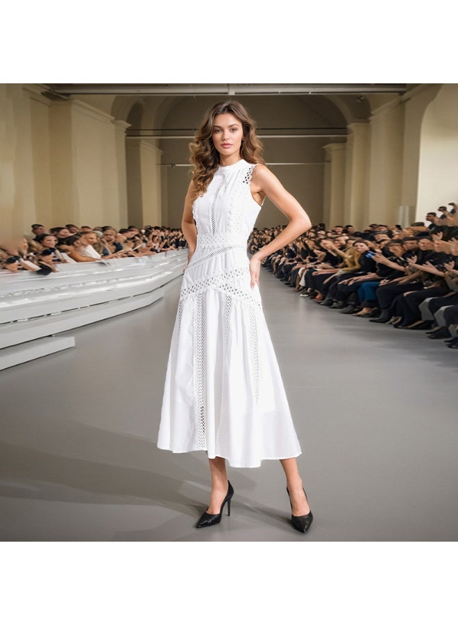 Madam Uniq Elegant White Lace - Embroidered Gown, Sleeveless & Hollow - Out Details, Runway - Style Dress - Image 2