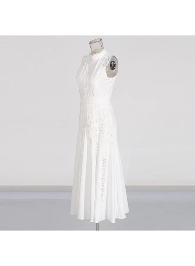 Madam Uniq Elegant White Lace - Embroidered Gown, Sleeveless & Hollow - Out Details, Runway - Style Dress