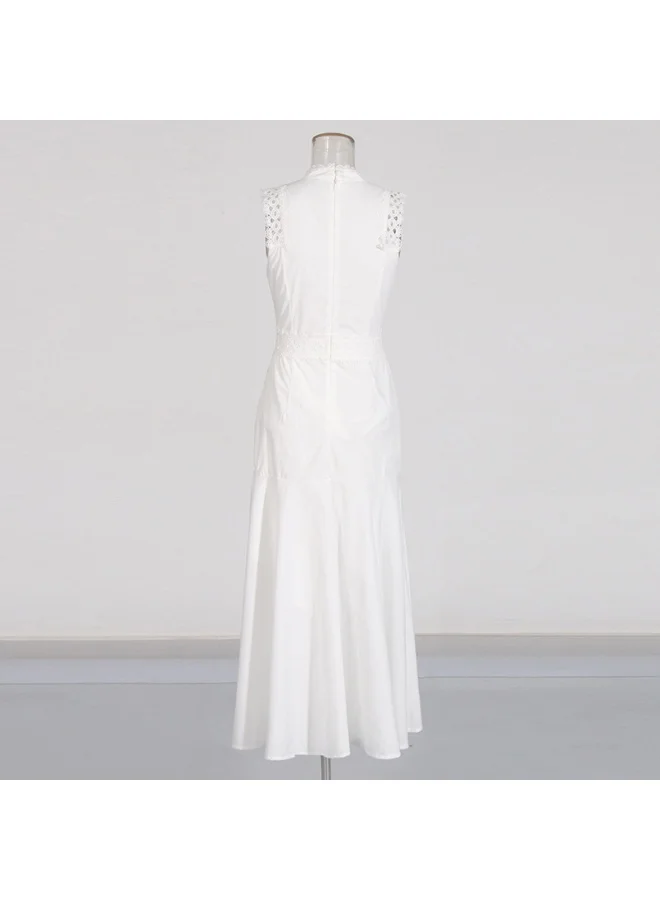 Madam Uniq Elegant White Lace - Embroidered Gown, Sleeveless & Hollow - Out Details, Runway - Style Dress