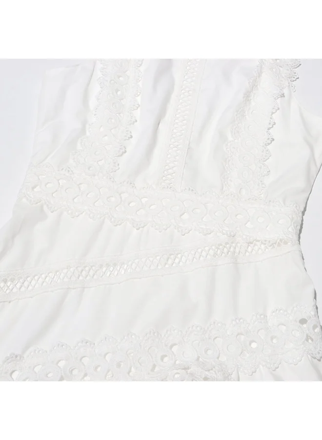 Madam Uniq Elegant White Lace - Embroidered Gown, Sleeveless & Hollow - Out Details, Runway - Style Dress