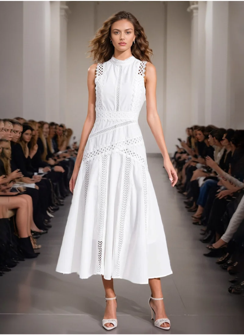 Madam Uniq Elegant Long Sleeveless Dress with Stand Collar, Lace Hollow Design and Ruffled Hem