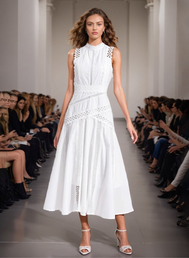 Madam Uniq Elegant White Lace - Embroidered Gown, Sleeveless & Hollow - Out Details, Runway - Style Dress - Image 1