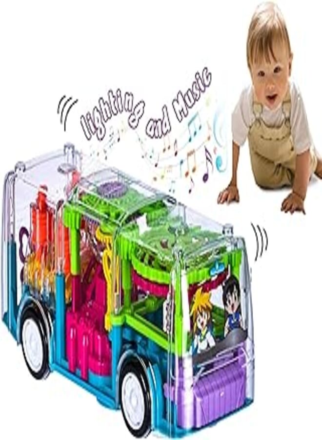 Sky Tech Plastic Biggest Transparent Bus Concept Musical Bus, 3D Bus Toy with 360 Degree Rotation, Bump & Go Gear Transparent Bus Toy with Light & Sound Effects Educational Toys, Multicolor.