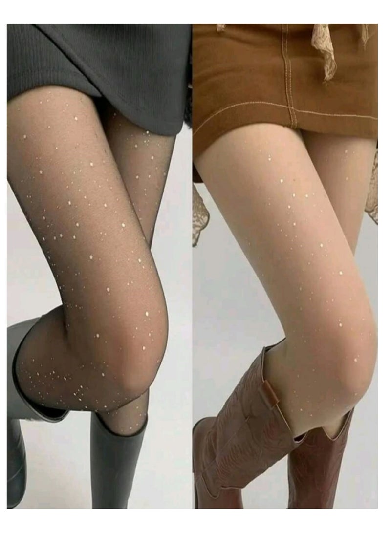 Shein 2 Pairs Sheer Sparkly Galaxy Star Glitter Tights, Black & Beige, Slim And style Leggings - Image 1