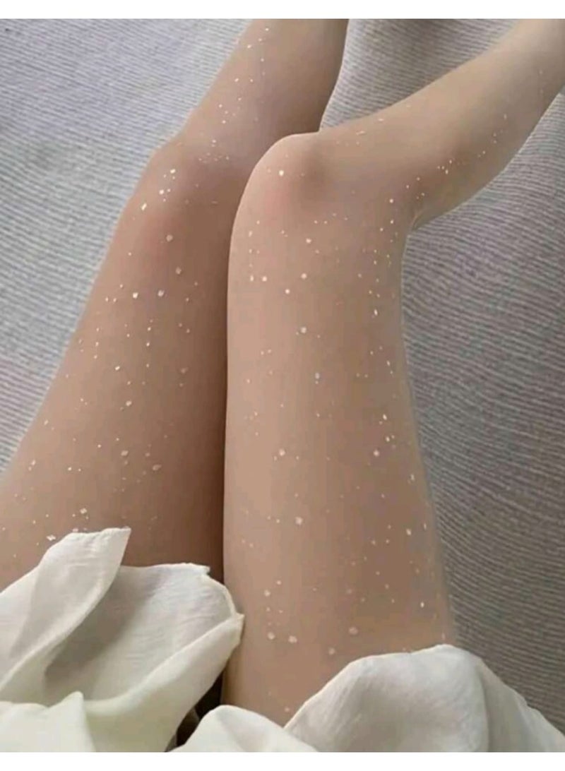 Shein 2 Pairs Sheer Sparkly Galaxy Star Glitter Tights, Black & Beige, Slim And style Leggings - Image 3