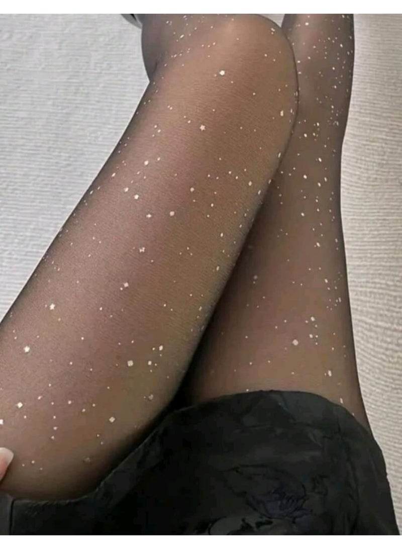 Shein 2 Pairs Sheer Sparkly Galaxy Star Glitter Tights, Black & Beige, Slim And style Leggings - Image 4