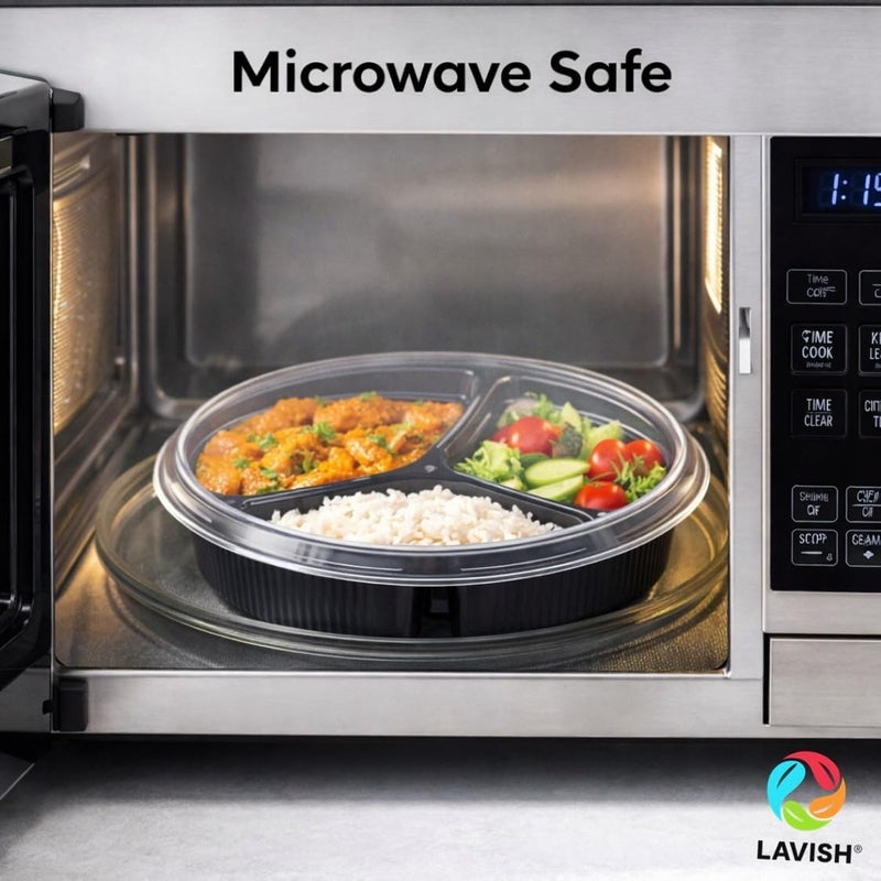 Lavish Microwave Disposable Round Food Containers with Lids | 3 Compartment-5 Pack | Meal Prep Containers, Plastic Lunch & Takeaway Boxes for Kitchen Food Storage - Image 3