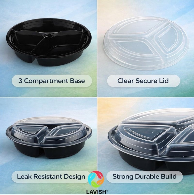 Lavish Microwave Disposable Round Food Containers with Lids | 3 Compartment-5 Pack | Meal Prep Containers, Plastic Lunch & Takeaway Boxes for Kitchen Food Storage - Image 2